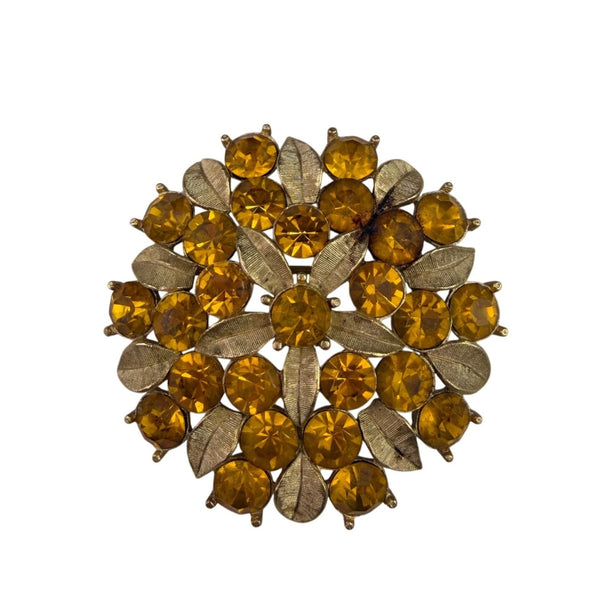 Sarah Coventry Gold Tone Womens Brooch Amber Rhinestones Floral Vintage