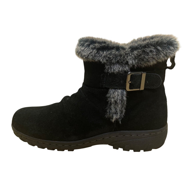 Khombu Women’s Black Leather Faux Fur Winter Buckle Accent Ankle Boots Size 8M