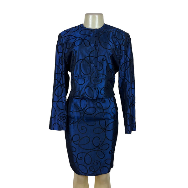 Tahari Vtg Blue Set With Black Swirl Design Details Blazer sz 15 Skirt sz 10