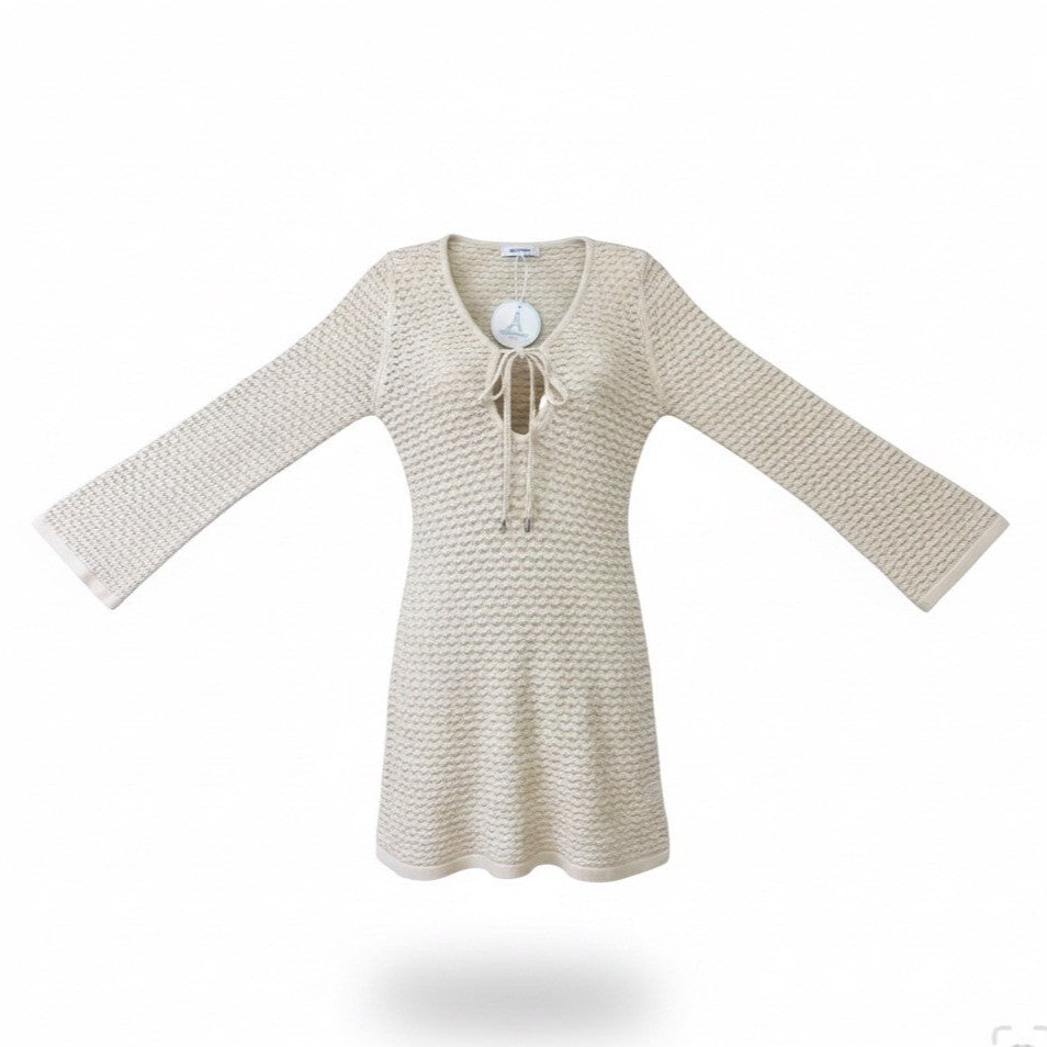 Anrabess Women Beige Long Sleeve Knit Tunic With Tie Neck Size S