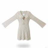 Anrabess Women Beige Long Sleeve Knit Tunic With Tie Neck Size S