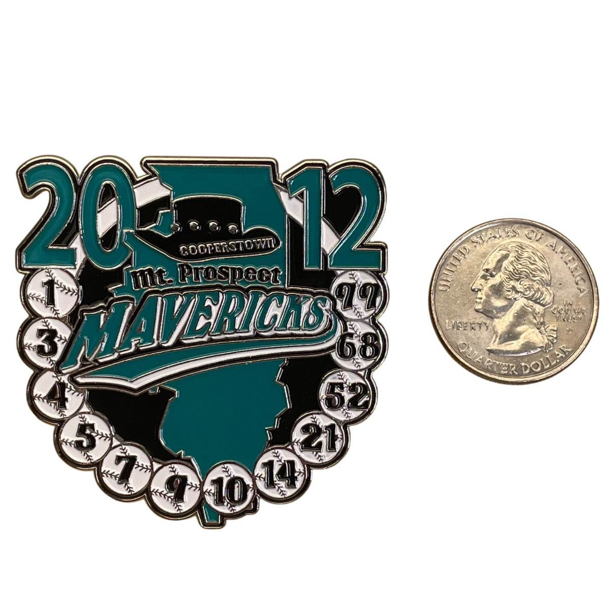 2012 Cooperstown Mt. Prospect Mavericks Baseball Trading Pin Teal & Silver With