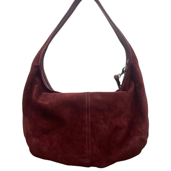Coach Womens Burgundy Suede Hobo Bag Handcrafted Spacious Interior Zip Closure
