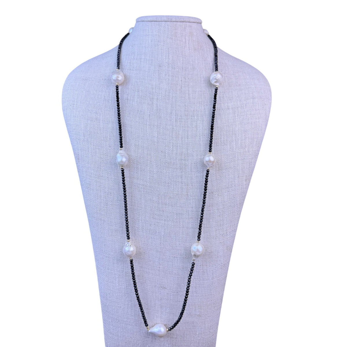 Long Necklace Of Baroque Pearls & Faceted Black Spinel Beads Handmade Elegant