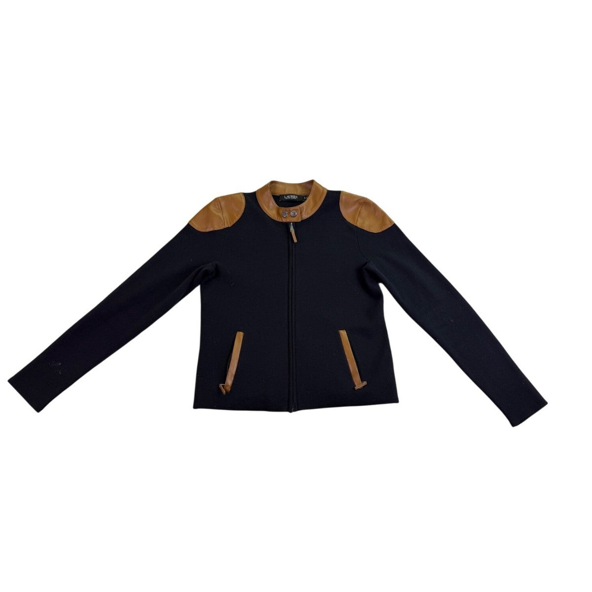 Lauren Ralph Lauren Womens Black Faux Leather-Trim Jacket Zipper Size S
