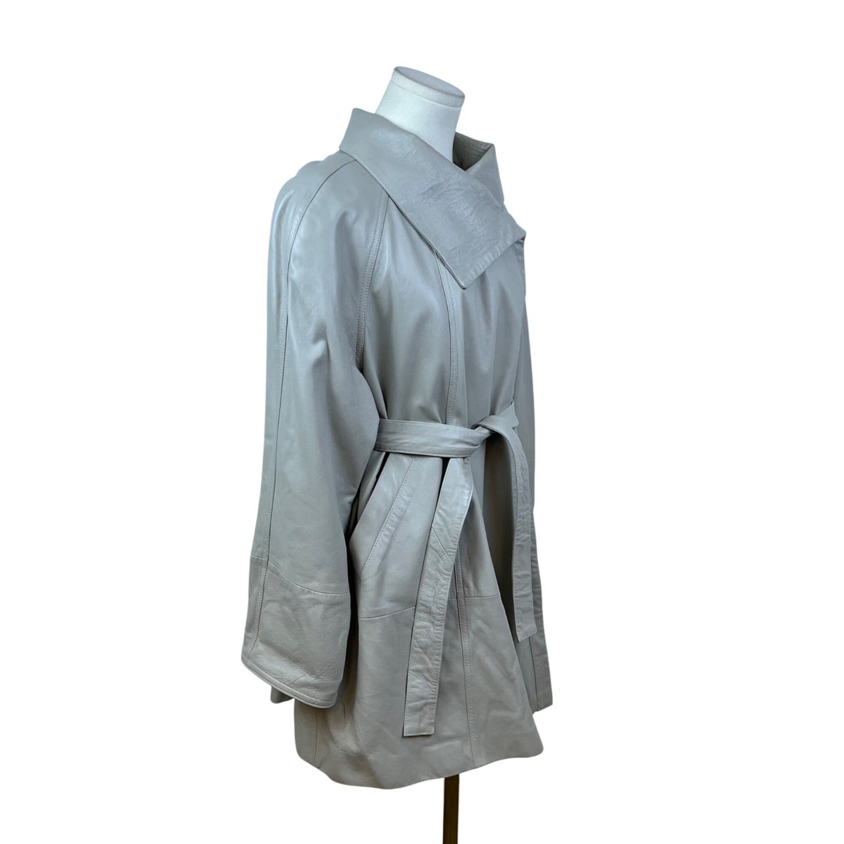 David 2 Women's Gray Genuine Leather Belted Jacket Wide Collar Coat Sz 40