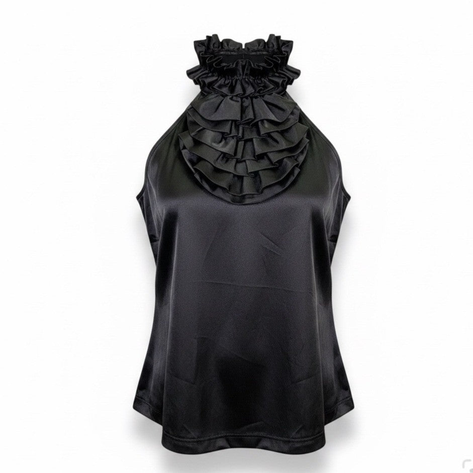 Blaque Label Womens Black Polyester Sleeveless Ruffle Halter Top Size L