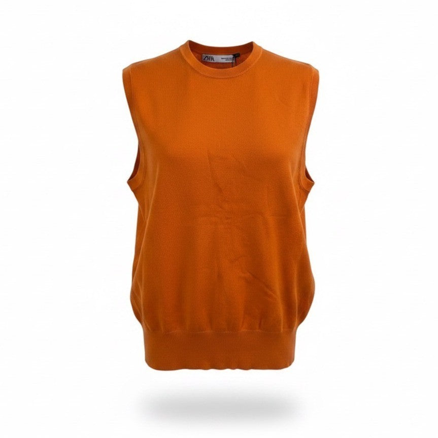 Zara Womens Orange Knit Sleeveless Sweater Viscose Blend Elastic Hem Size M