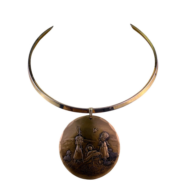 Handmade Natale Bronze Necklace Nativity Scene Pendant Artisan Design Unique