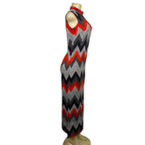Chevron Pattern Womens Sleeveless Maxi Dress Red/Black/Gray Sz L