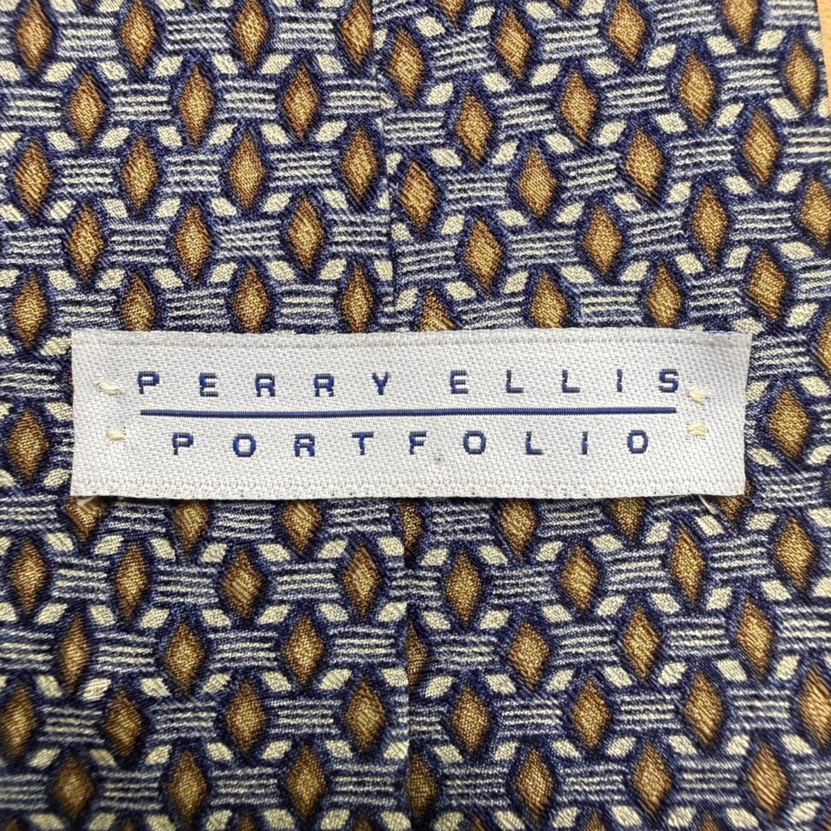 Perry Ellis Portfolio Mens Blue & Gold 100% Silk Geometric Pattern Necktie