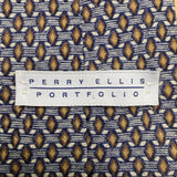 Perry Ellis Portfolio Mens Blue & Gold 100% Silk Geometric Pattern Necktie