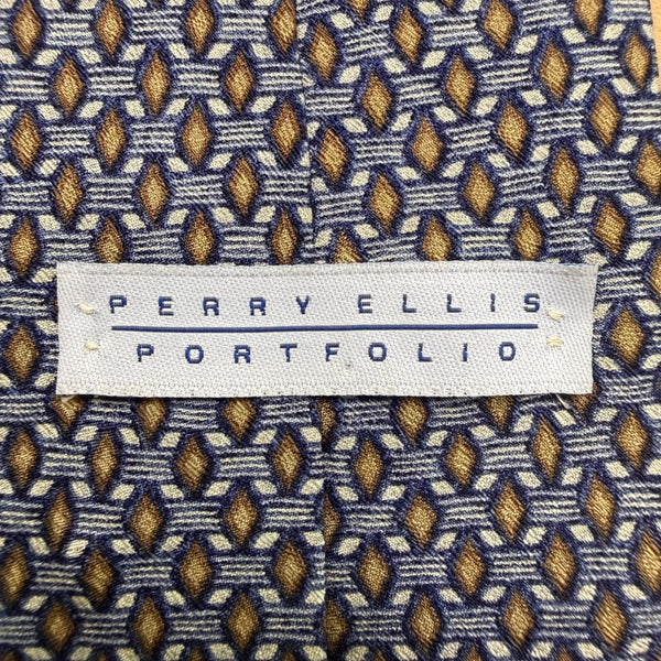 Perry Ellis Portfolio Mens Blue & Gold 100% Silk Geometric Pattern Necktie