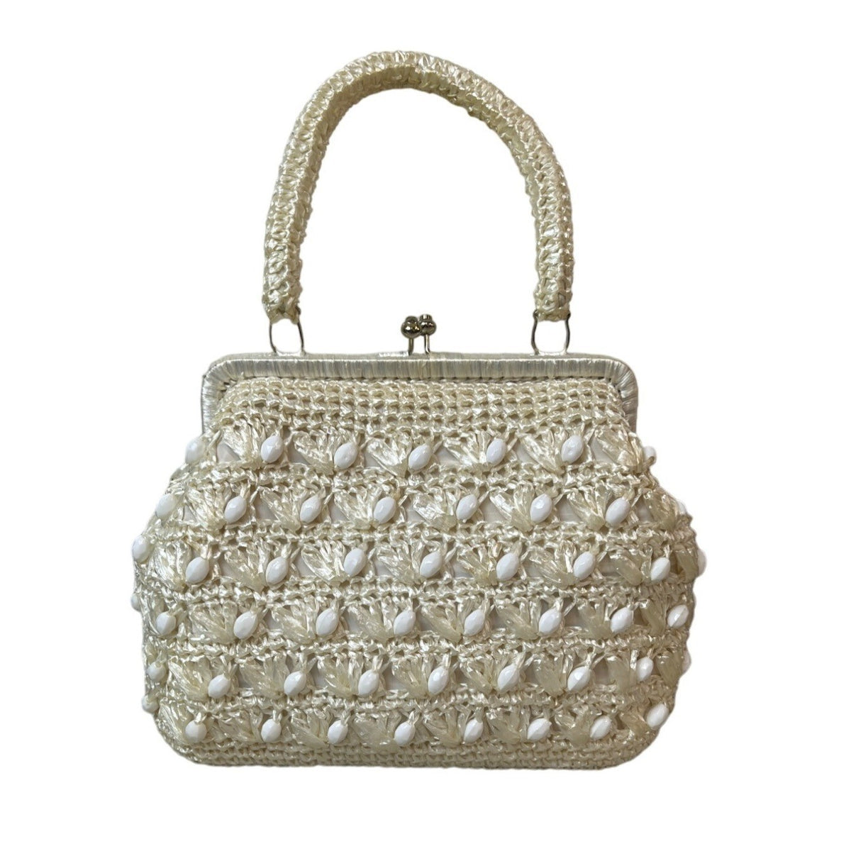 Vintage Women's White Ivory Woven Basket Beads Kiss-lock Handbag Sz M