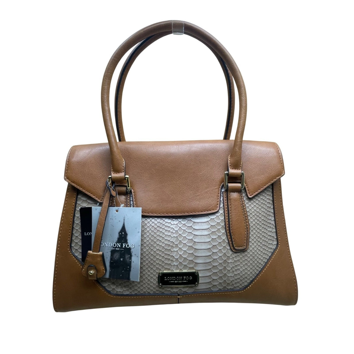 London Fog Women’s Brown Faux Leather Taupe Snake Print Tote Bag - New
