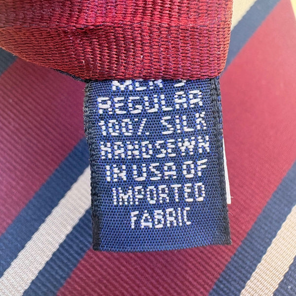 Lands End Mens Burgundy Navy & White 100% Silk Striped Tie Handsewn Classic