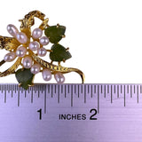 Vintage Unknown Womens Gold Tone Jade & Cultured Pearl Floral Leaf Style Brooch