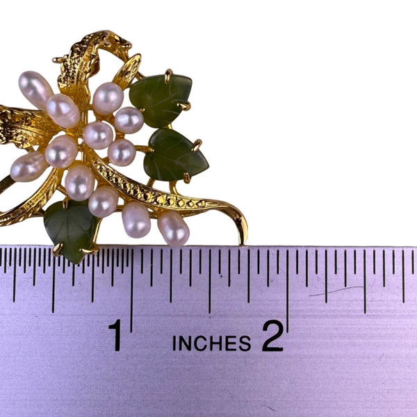 Vintage Unknown Womens Gold Tone Jade & Cultured Pearl Floral Leaf Style Brooch