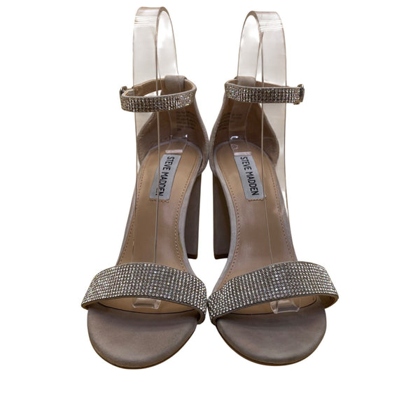Steve Madden Women’s Taupe Suede Rhinestone Strap Block Heel Sandals Size 6.5M