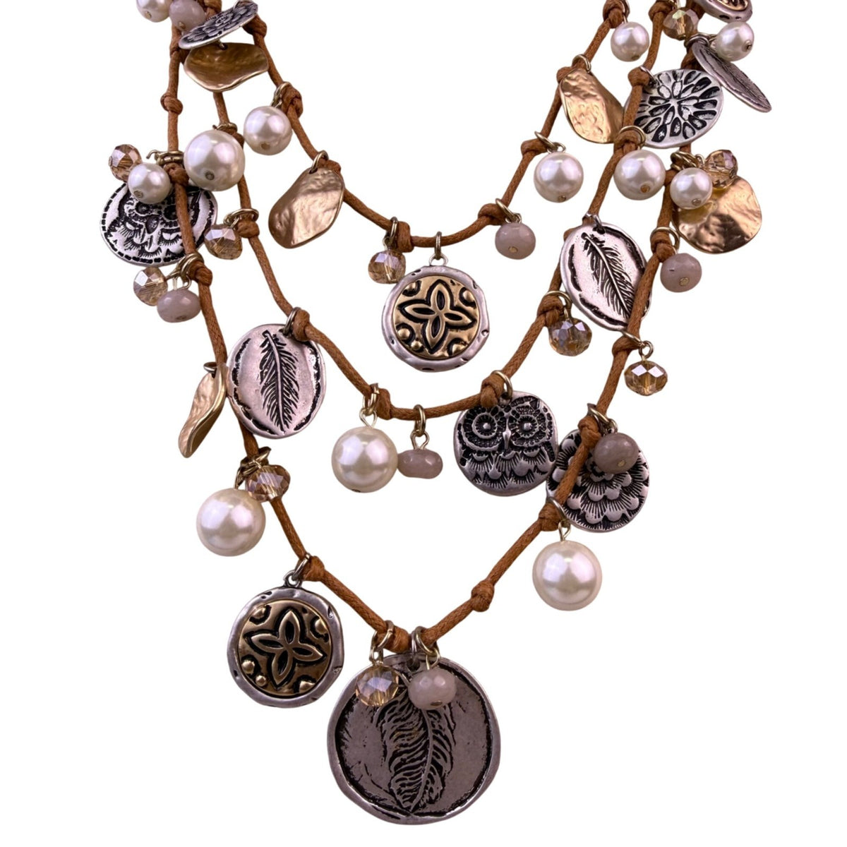 Multi-Strand Womens Beige Multi-Material Necklace Metal & Pearl Charms