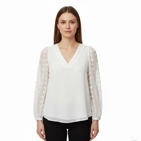 Gaovot Women’s White V-Neck Blouse Textured Long Sleeve Dot Details Size M - New