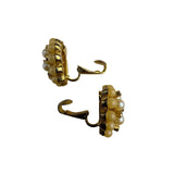 Gold Tone Clip-On Earrings With Faux Pearls & Rhinestones Cluster Design Vintage