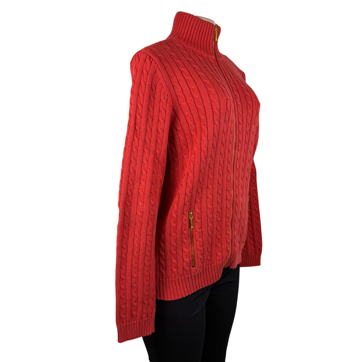 Lauren Ralph Lauren Womens Red Cable Knit Full Zip Sweater With Pockets