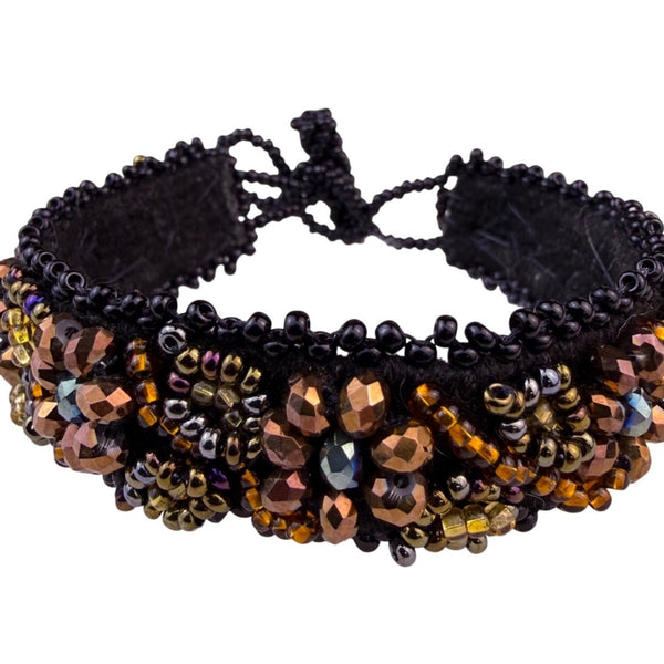 Handmade Womens Black Woven Crystal Beaded Bracelet Jewelry Gold & Bronze
