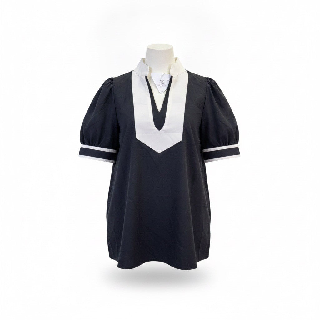 Cicy Bell Womens Black/White Puff Sleeve Tunic Top With Collar Size M