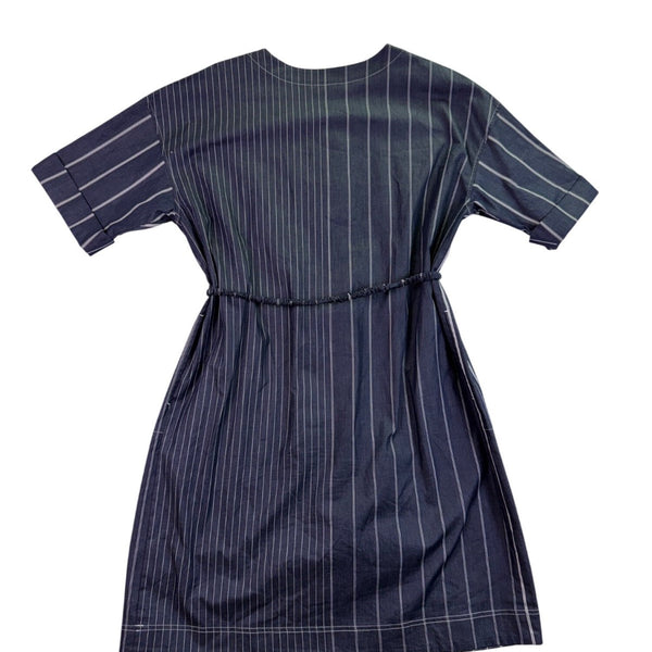 Donna Karan Womens Navy Cotton-Blend Stripe Belted Dress Size L
