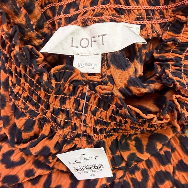 Loft Womens Black/Orange Leopard Print Smocked Long Sleeve Blouse Sz XS