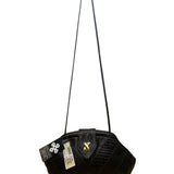 Park Place Women’s Black Genuine Leather Croc-Embossed Gold Accent Shoulder Bag