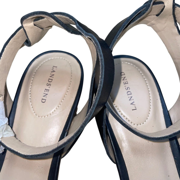 Lands End Women’s Black Leather Block Heel Open-Toe Sandals Size UK6/US8/8.5