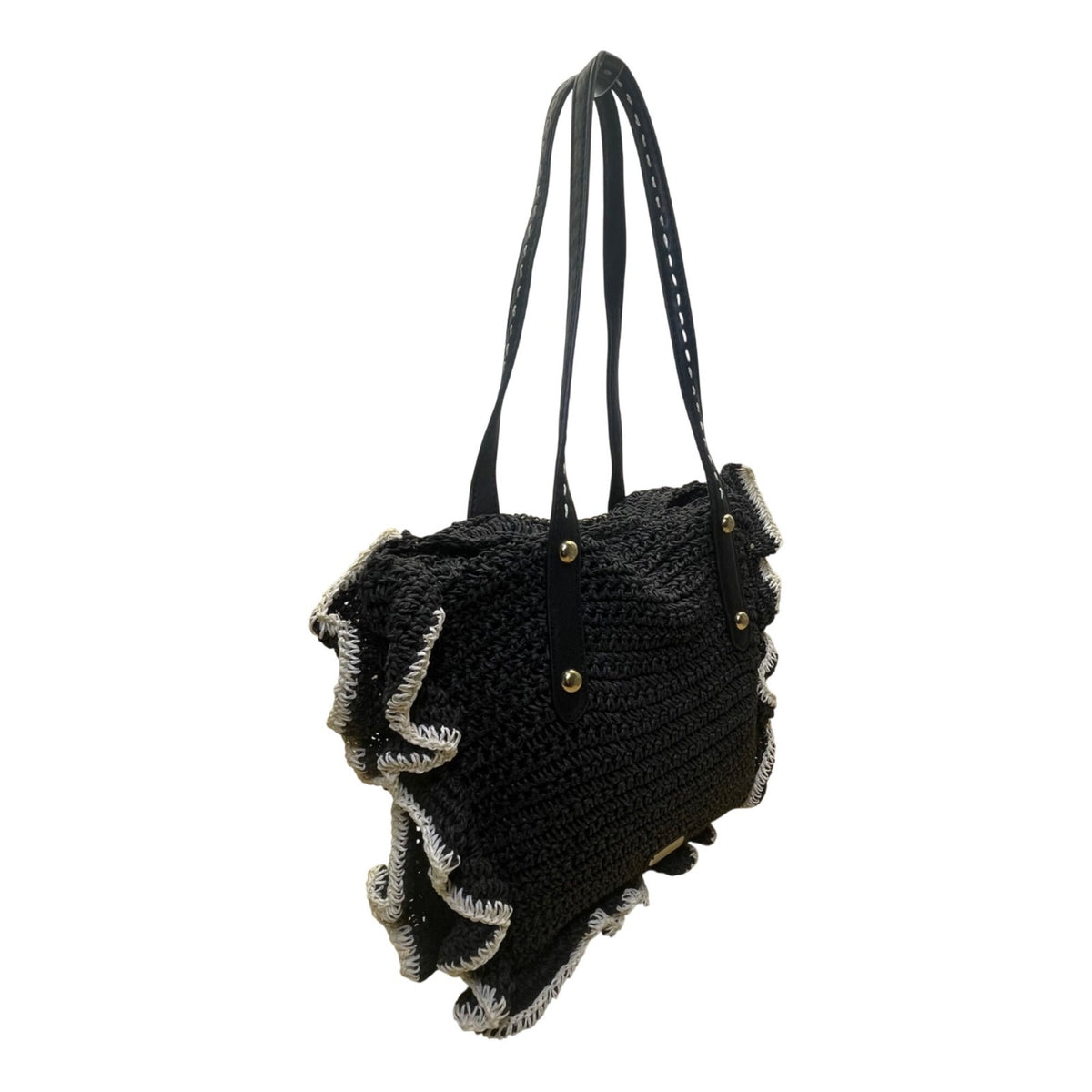 Jessica Simpson Women’s Black Straw Contrast Trim Ruffle Shoulder Tote Bag