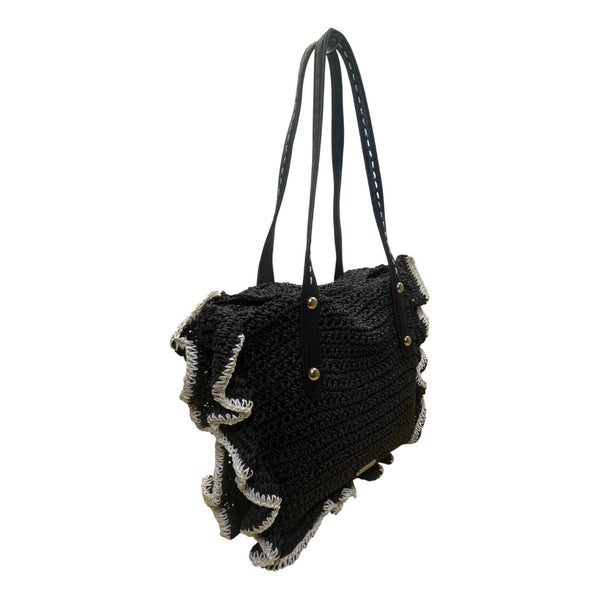 Jessica Simpson Women’s Black Straw Contrast Trim Ruffle Shoulder Tote Bag
