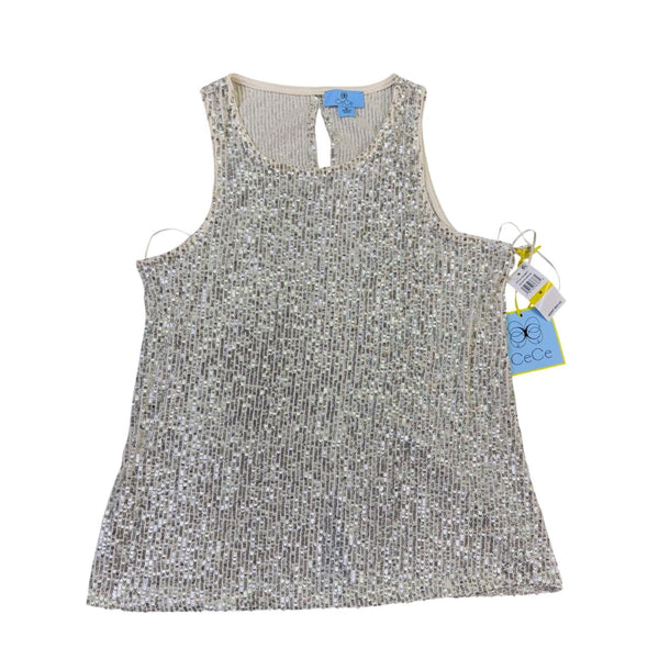 Cece Womens Silver Sequin Top Sleeveless Crew Neck Size M