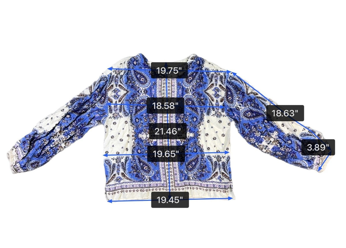 Loft Womens Blue & White Floral Boho Printed Long Sleeve Blouse Lightweight Sz L