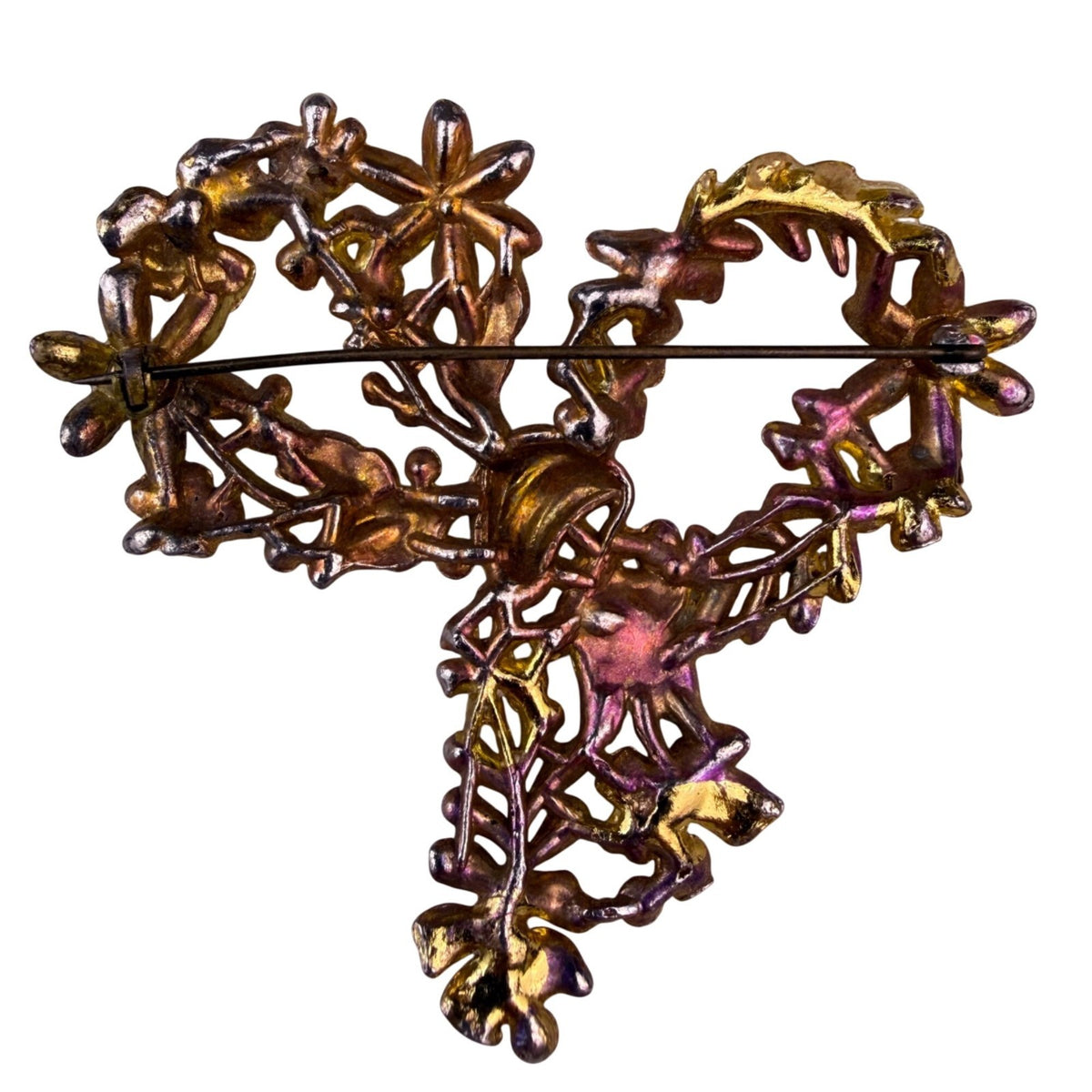 Vintage Gold Tone Floral Brooch With Blue Rhinestones Metal Lightweight Jewelry