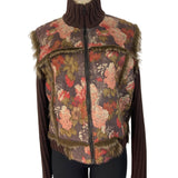 Floral Print Brown Faux Fur Coat Women’s Casual Zipper Closure Size M