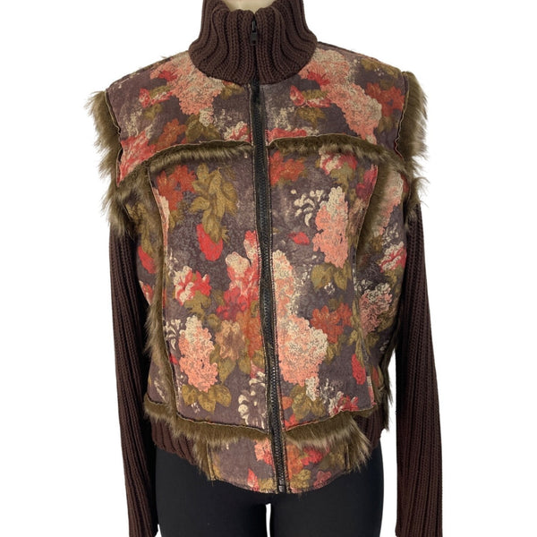 Floral Print Brown Faux Fur Coat Women’s Casual Zipper Closure Size M
