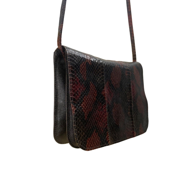 Vintage Bloomingdales 80’s Women’s Black/Brown Leather Snake Print Shoulder Bag