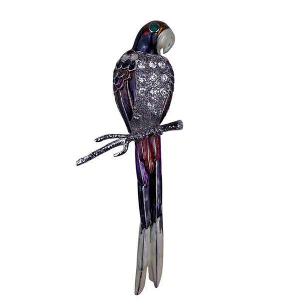Vintage Silver Tone Rhinestone & Enamel Parrot Brooch Decorative Jewelry Piece