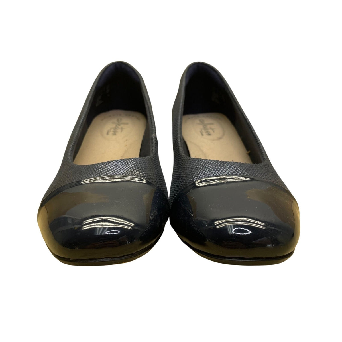 Clarks Women's Navy Faux Leather Block Heel Cap Toe Collection Pumps Size 7.5