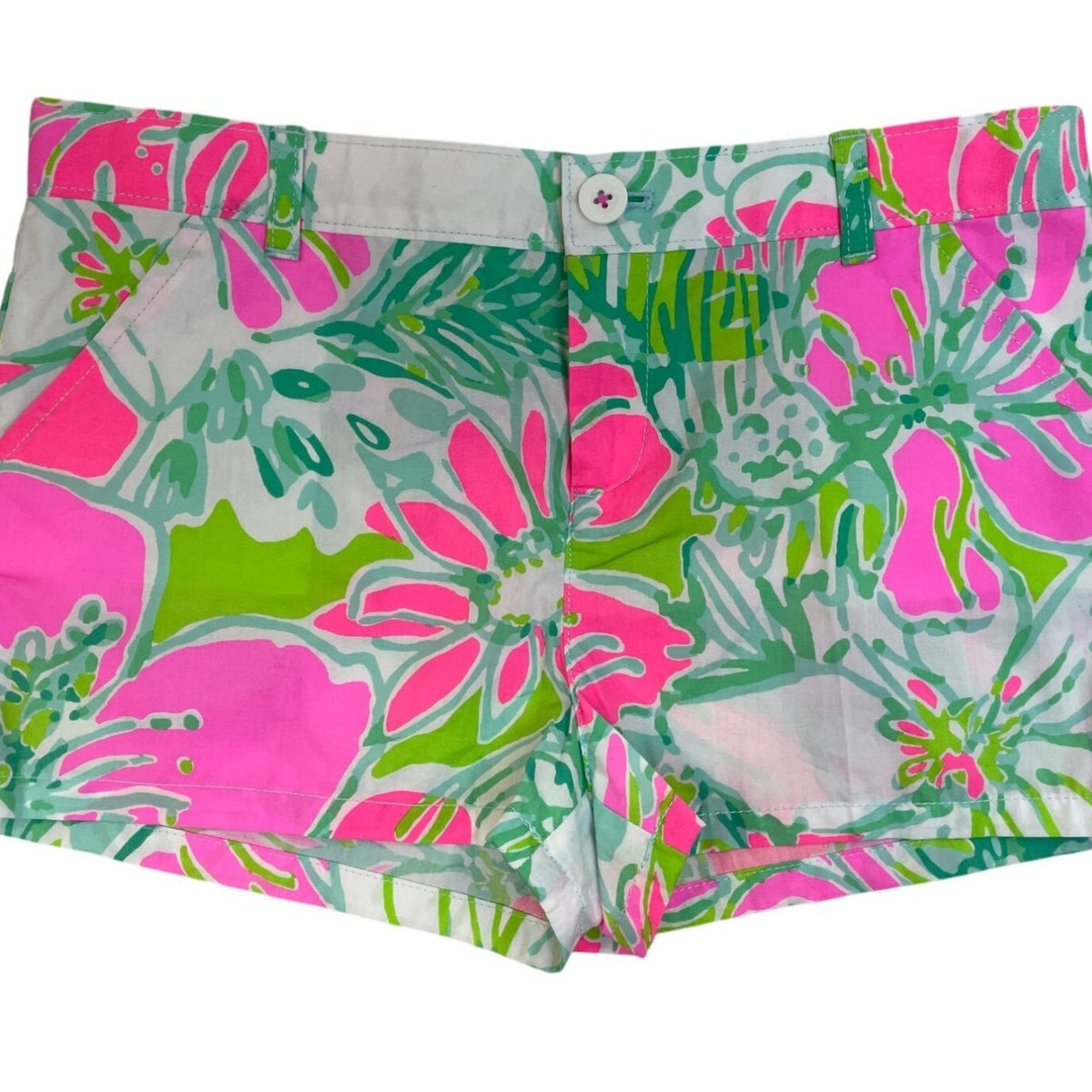 Lilly Pulitzer Girls Floral Cotton Shorts Pink Green Tropical Print Size 14