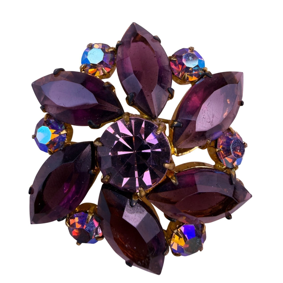 Vintage Floral Rhinestone Brooch Floral Design Iridescent & Amethyst Gold Tone
