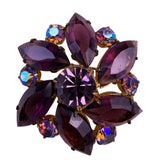 Vintage Floral Rhinestone Brooch Floral Design Iridescent & Amethyst Gold Tone