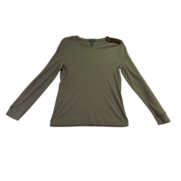 Lauren Ralph Lauren Womens Olive Cotton Knit Pullover Top W/Suede Accents Sz XL