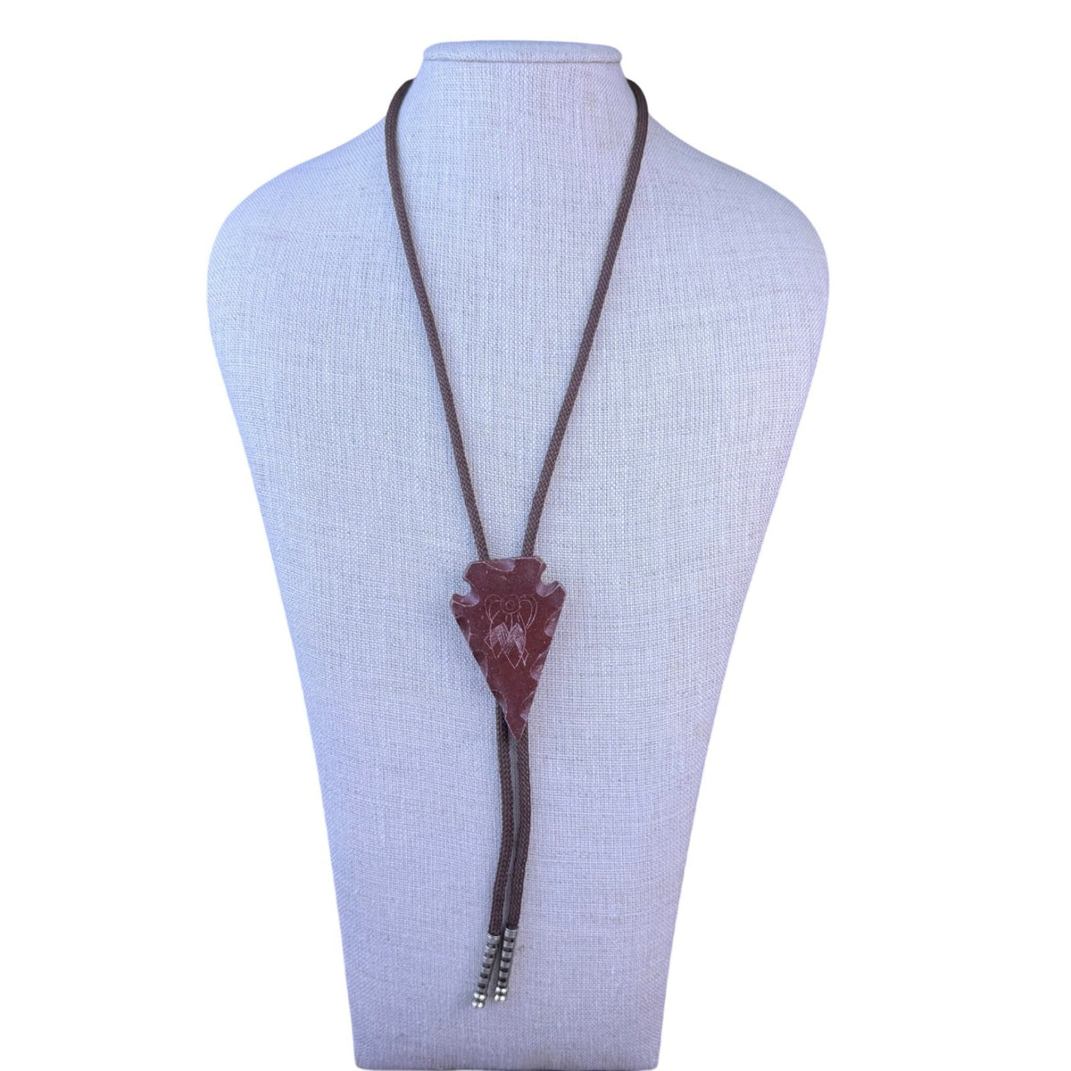 Stone Arrowhead Brown Braided Bolo Tie With Etched Design Metal Accents