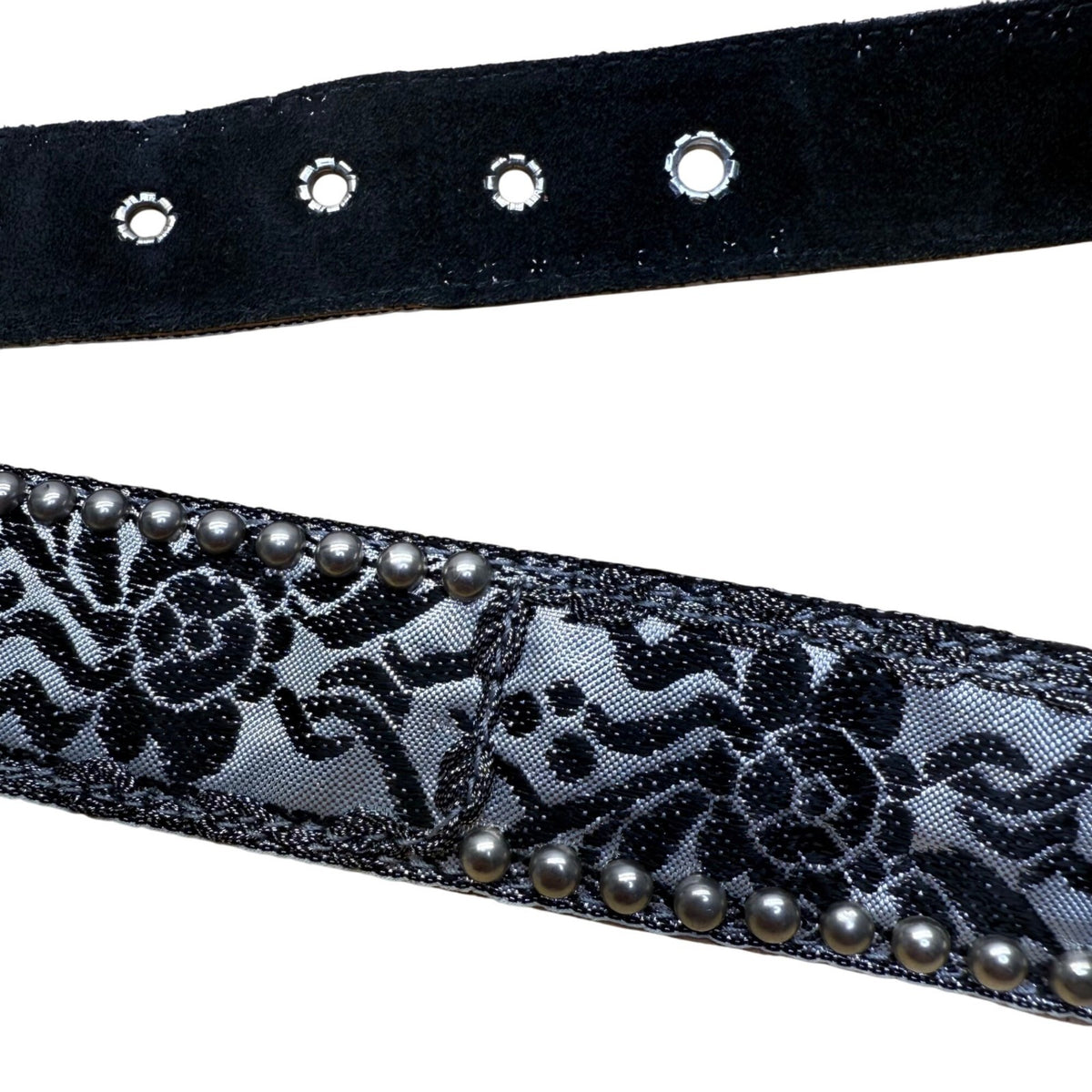 Vintage Black Floral Belt Silver Accents Ornate Buckle  Adjustable Fit