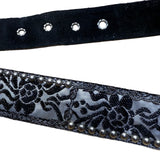 Vintage Black Floral Belt Silver Accents Ornate Buckle  Adjustable Fit
